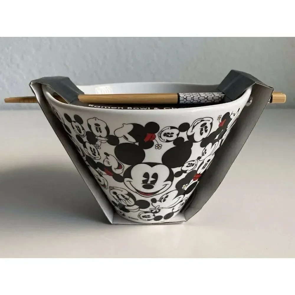 Disney Mickey & Minnie Mouse Faces All Over Ramen‎ Bowl With Chopsticks NEW